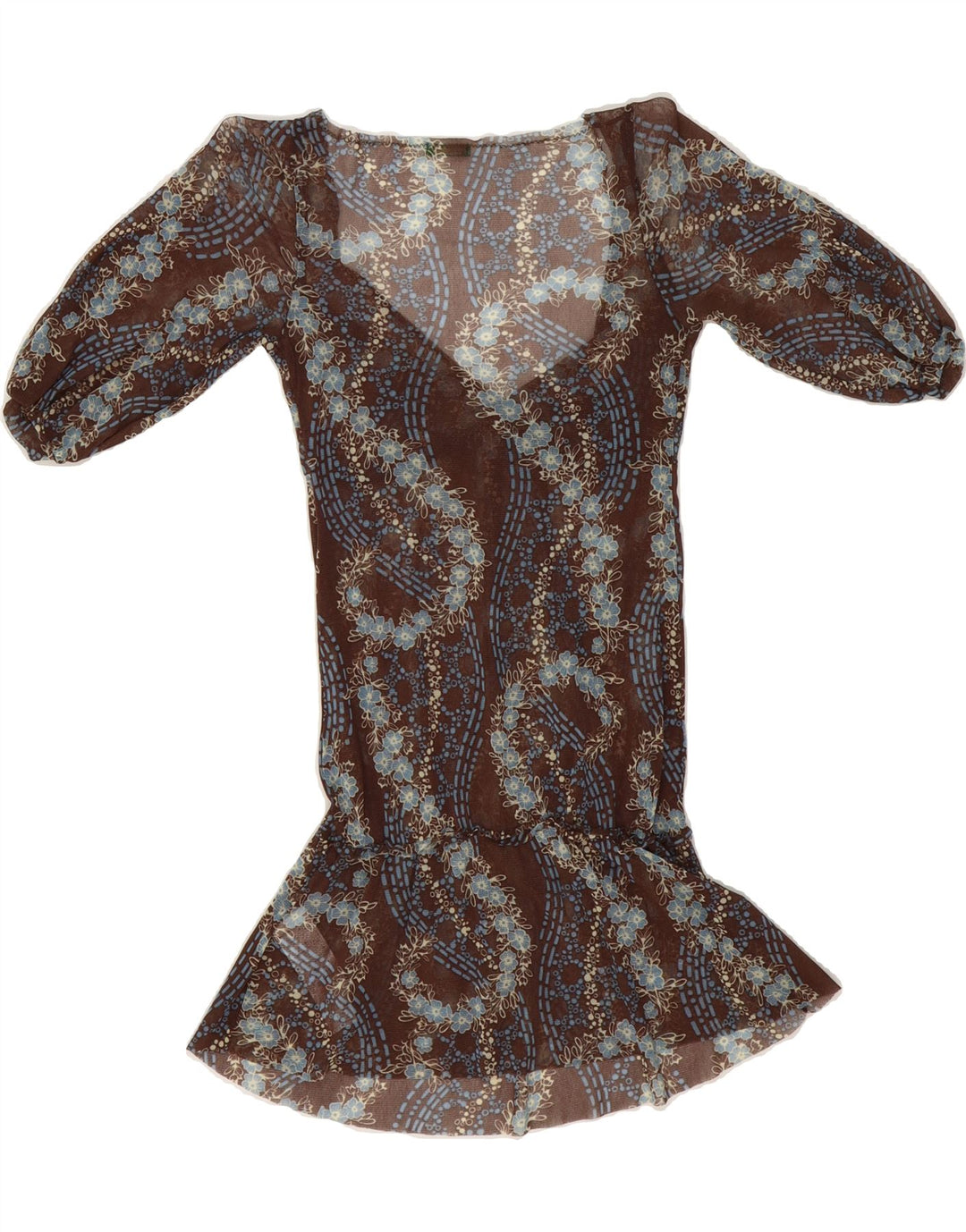 BENETTON Womens 3/4 Sleeve Basic Dress UK 4 XS Brown Floral Polyamide Vintage Benetton and Second-Hand Benetton from Messina Hembry 
