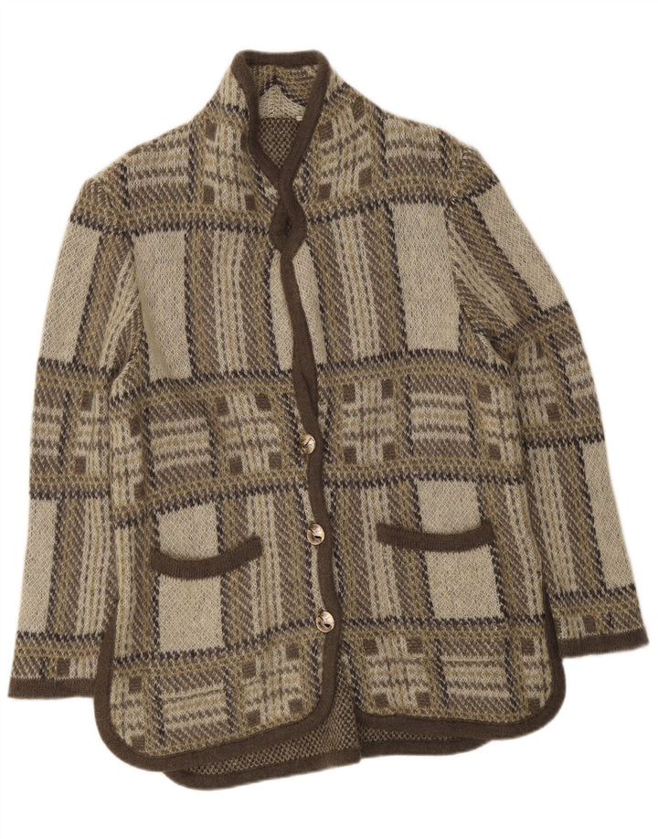 Maglione cardigan da donna vintage UK 16 lana a quadri grigi grandi