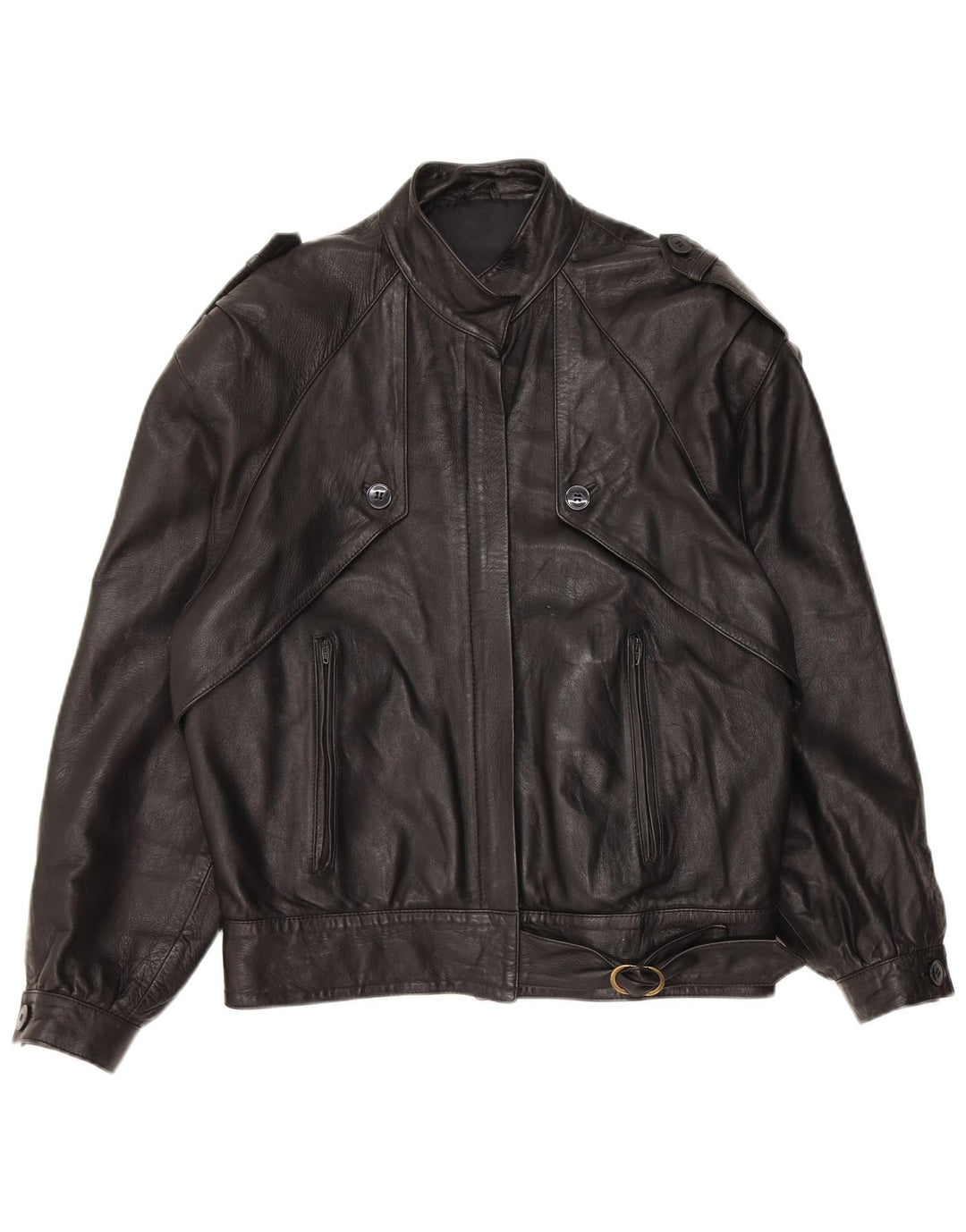 Giacca in pelle militare vintage da donna dal taglio ampio IT 44 in pelle nera media