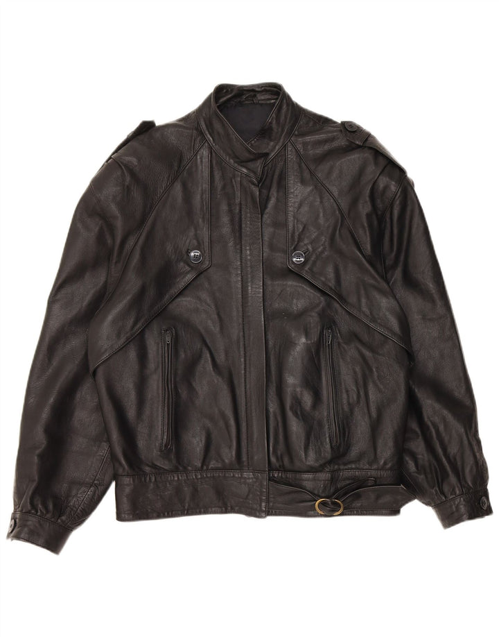 Giacca in pelle militare vintage da donna dal taglio ampio IT 44 in pelle nera media