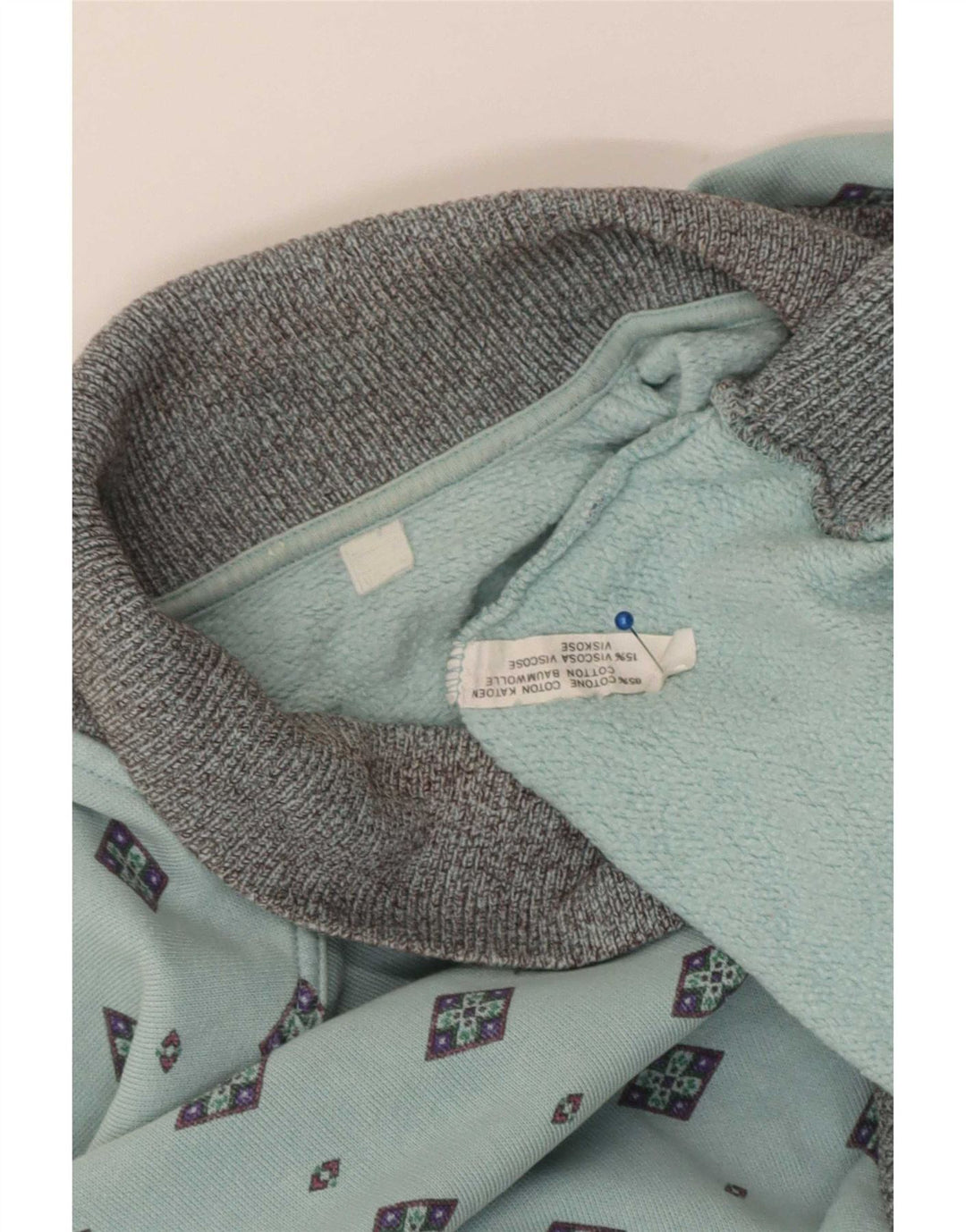 Felpa vintage da uomo con collo alto, maglione, cotone geometrico blu medio
