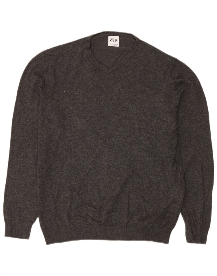 Maglia ZARA Uomo con Scollo a V Grigio Medio in Viscosa