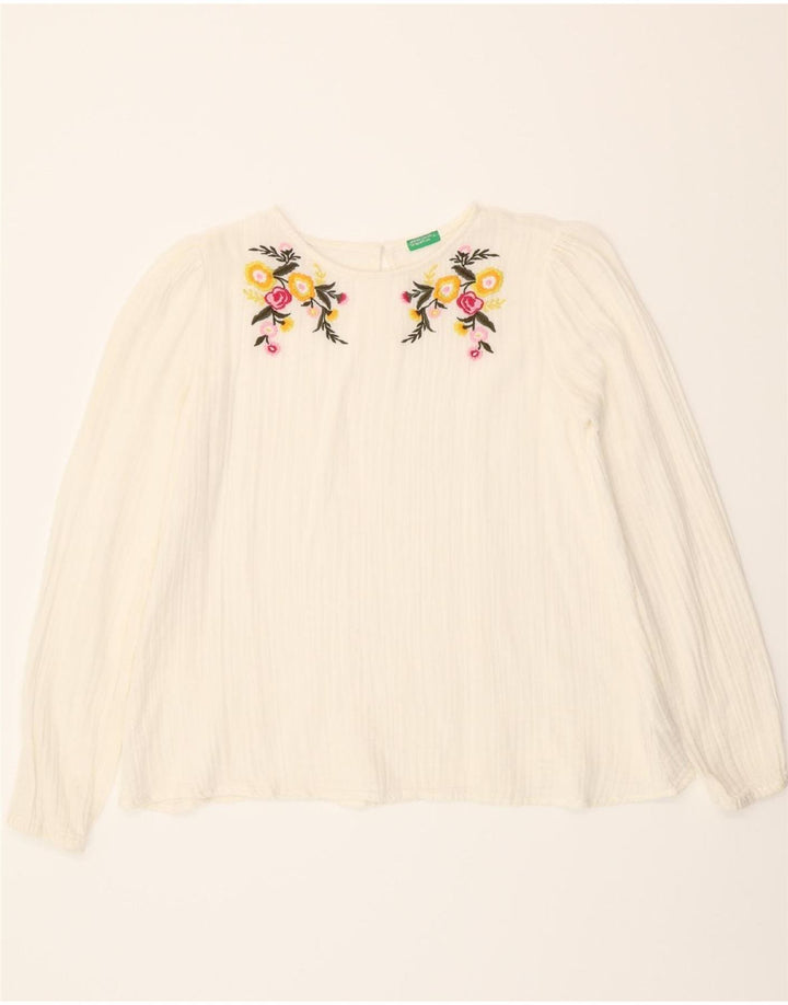 BENETTON Girls Long Sleeve Blouse Top 13-14 Years 3XL White Floral Cotton Vintage Benetton and Second-Hand Benetton from Messina Hembry 
