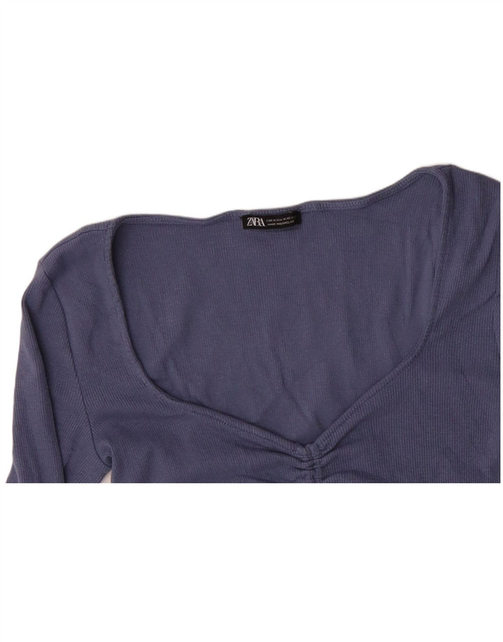 ZARA Top Corto da Donna Manica Lunga UK 12 Cotone Blu Medio