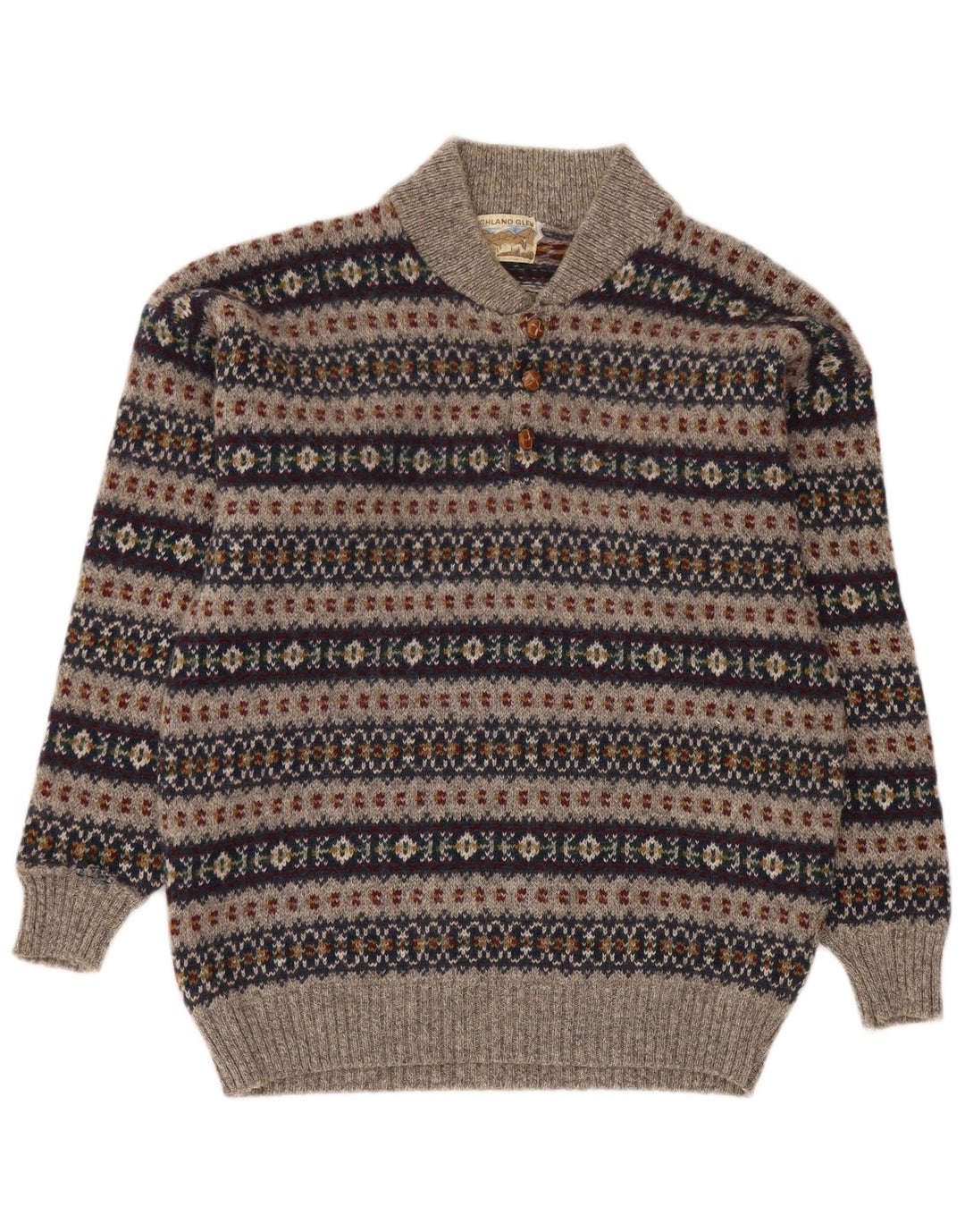 Maglione da uomo con collo a bottoni Highland Glen Lana Fair Isle grigio medio