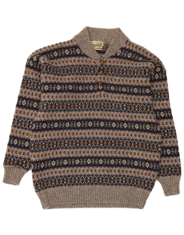 Maglione da uomo con collo a bottoni Highland Glen Lana Fair Isle grigio medio