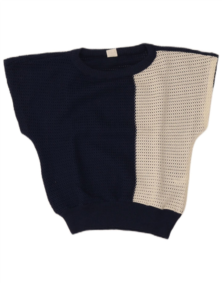 Maglione vintage da donna con scollo a barca IT 42 Colorblock blu navy medio