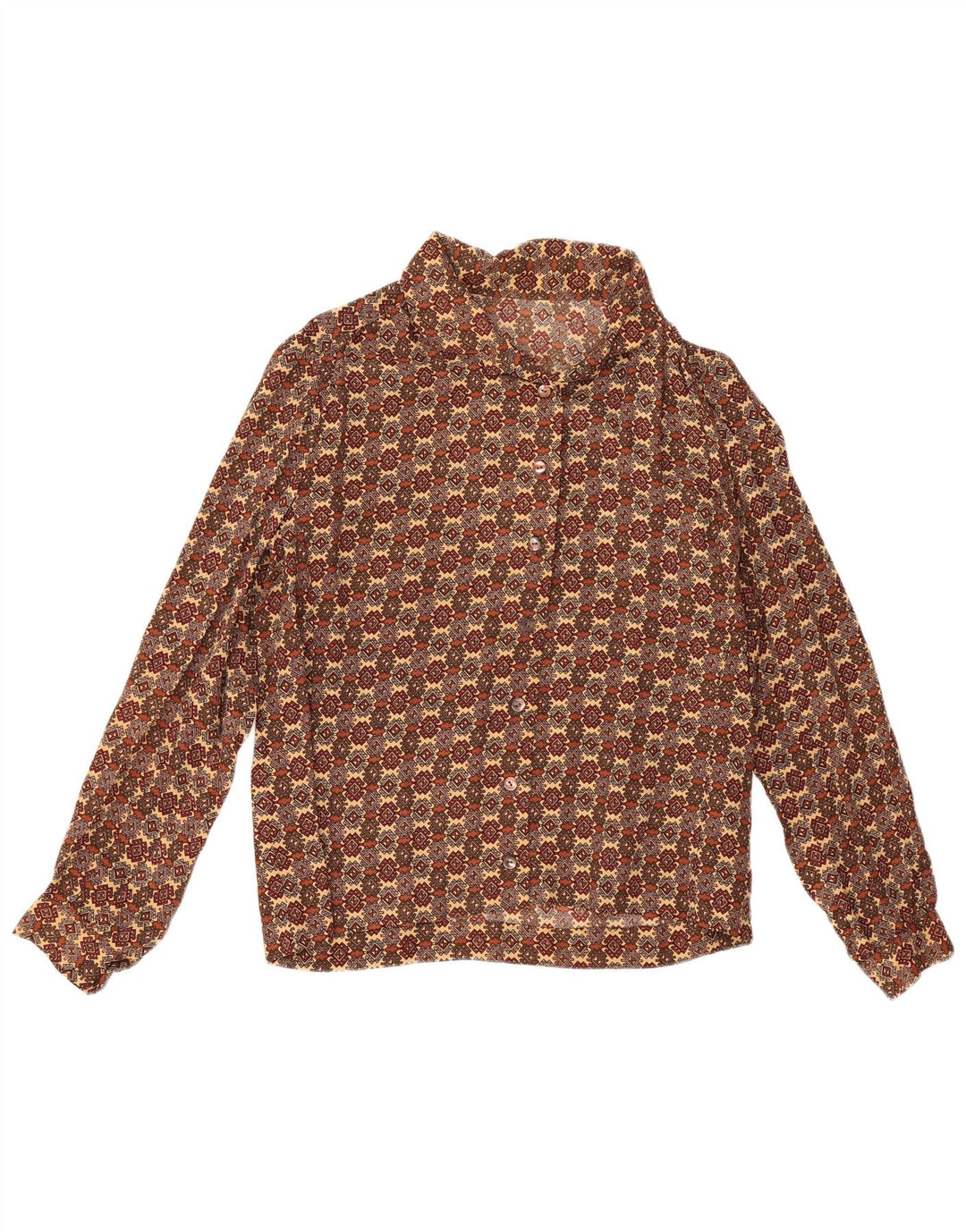 Camicetta camicia vintage da donna UK 16 grande marrone geometrica