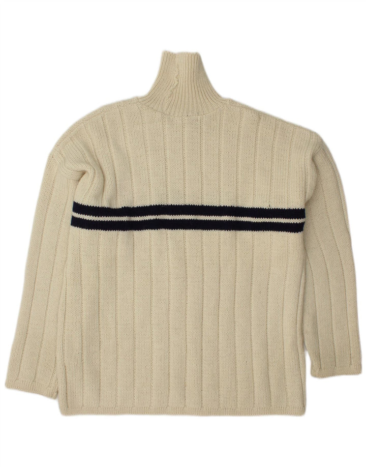VINTAGE Maglione da uomo a collo alto con collo alto in lana a righe bianco sporco
