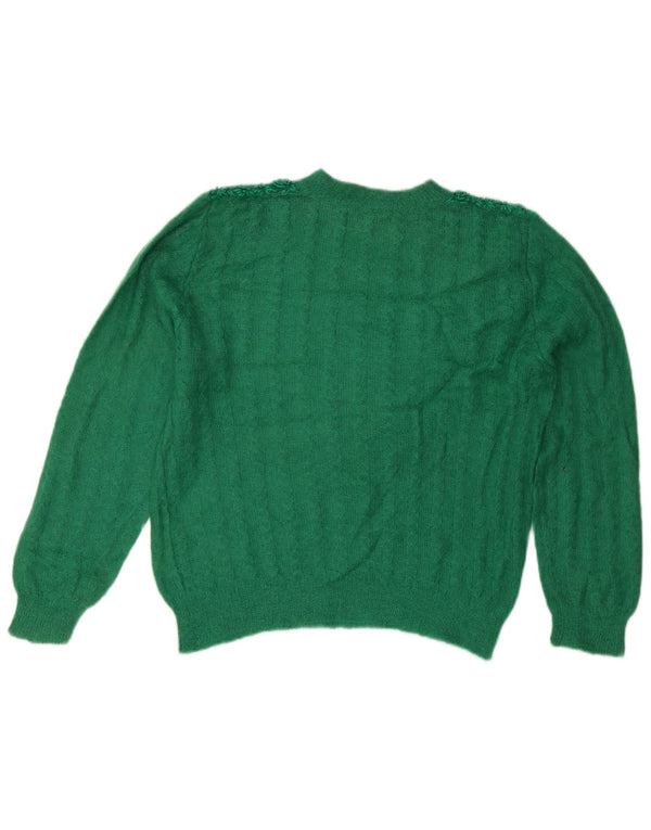 Maglione maglione girocollo da donna vintage UK 14 grande verde floreale