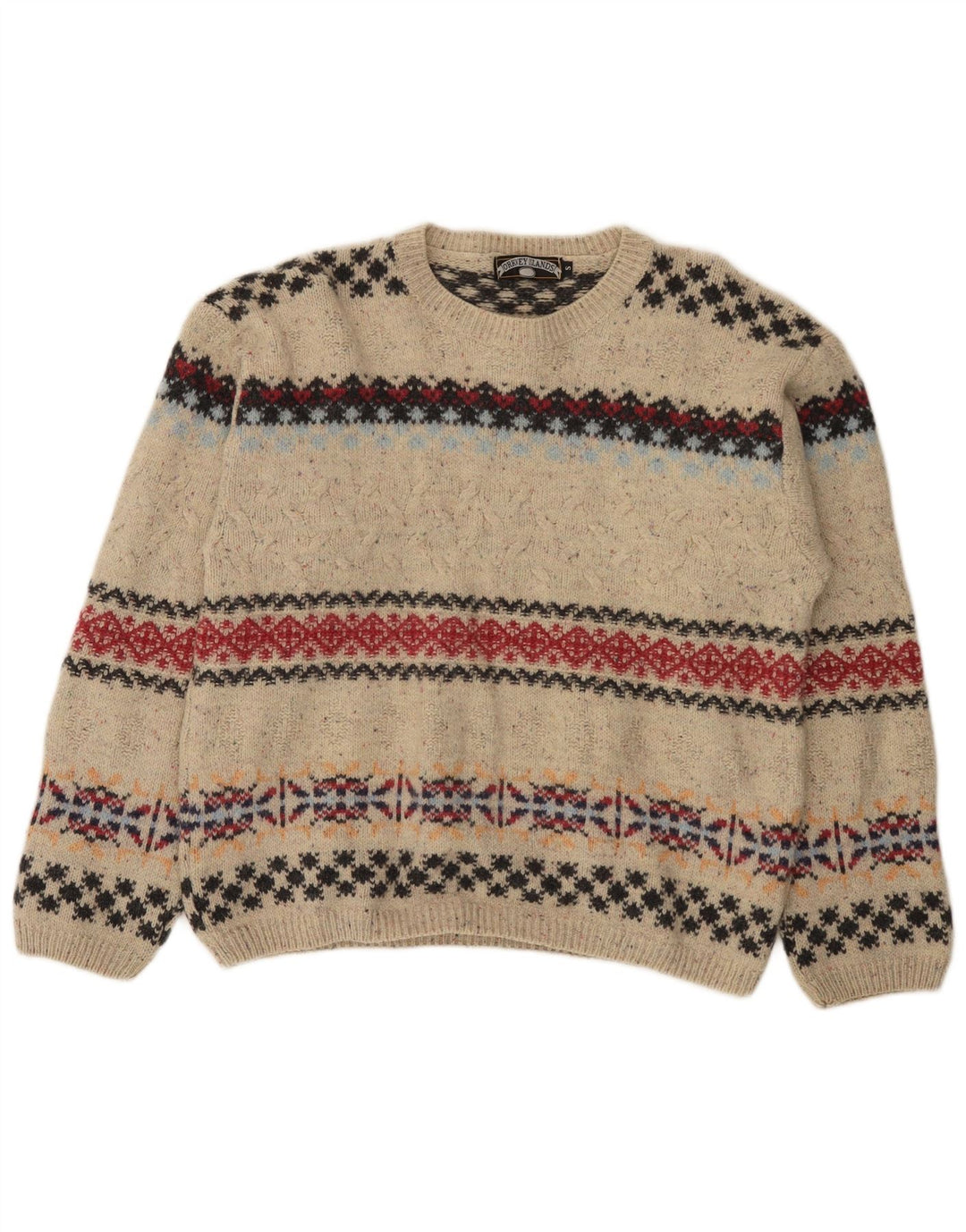 Maglione girocollo da uomo vintage in lana Fair Isle beige piccolo