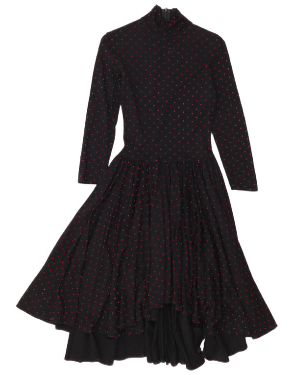 Abito lungo da donna vintage a maniche lunghe EU 38 lana media a pois neri