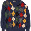 Maglione da uomo Burlington con scollo a V, lana vergine blu medio a rombi/diamante