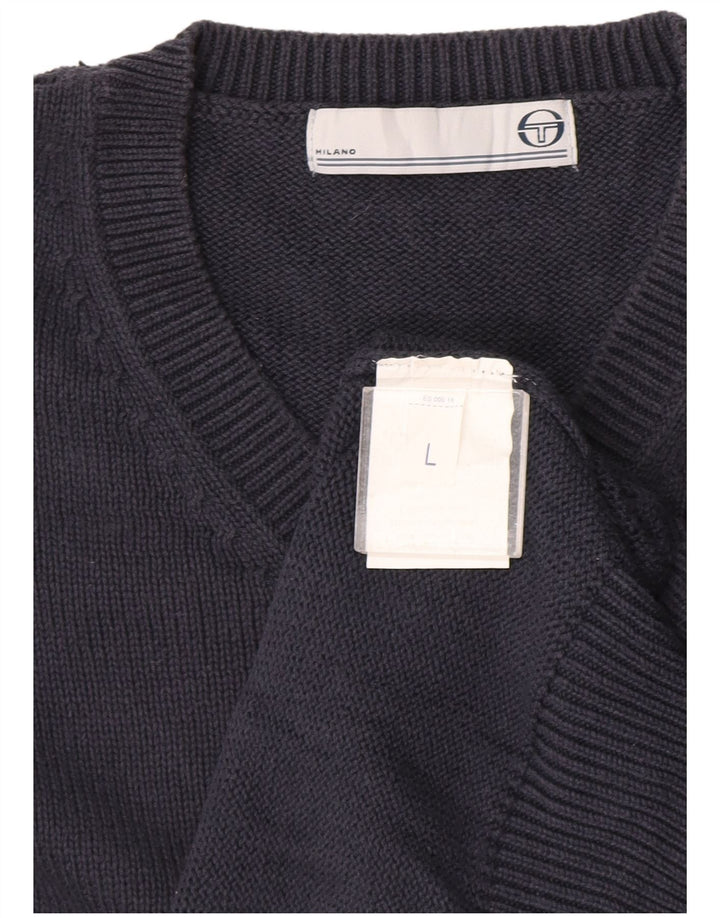 Maglione da uomo con scollo a V Sergio Tacchini grande in cotone blu navy
