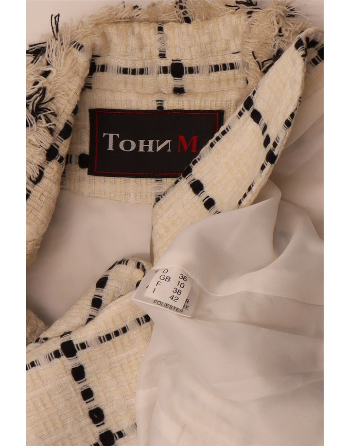 Giacca blazer vintage da donna a 3 bottoni UK 10 piccola lana a quadri bianco sporco