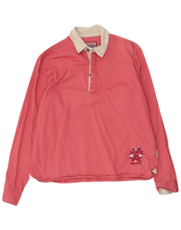 Camicia pullover grafica da donna vintage UK 16 grande cotone color block rosa