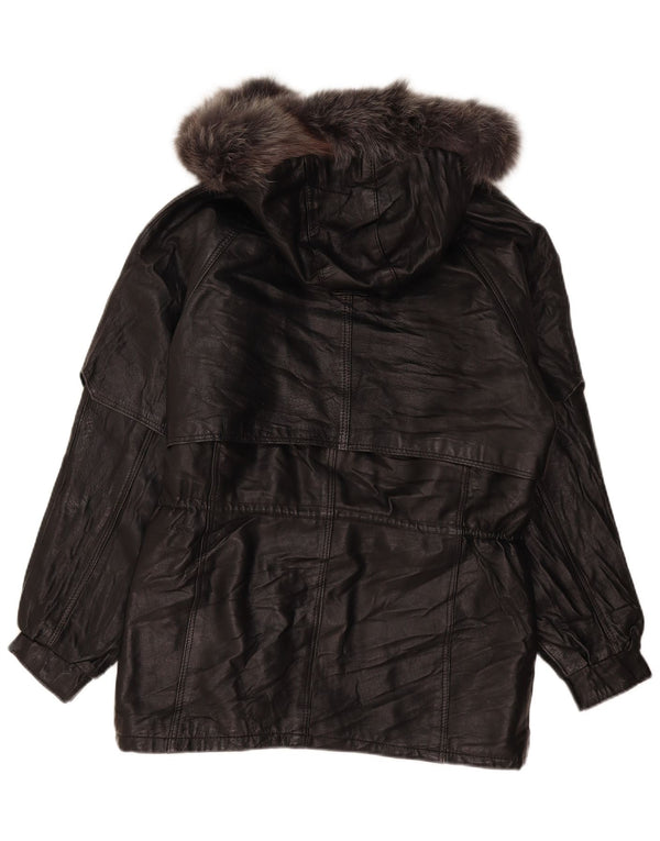 Vintage Womens Hooded Leather Coat UK 16 Large Black