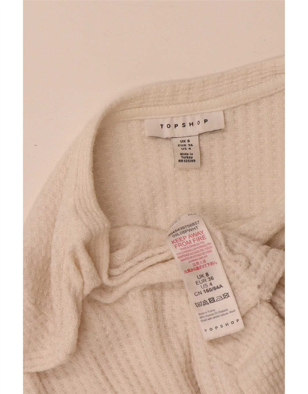 Topshop Donna Crop Top Manica Lunga UK 8 Small Viscosa Bianca