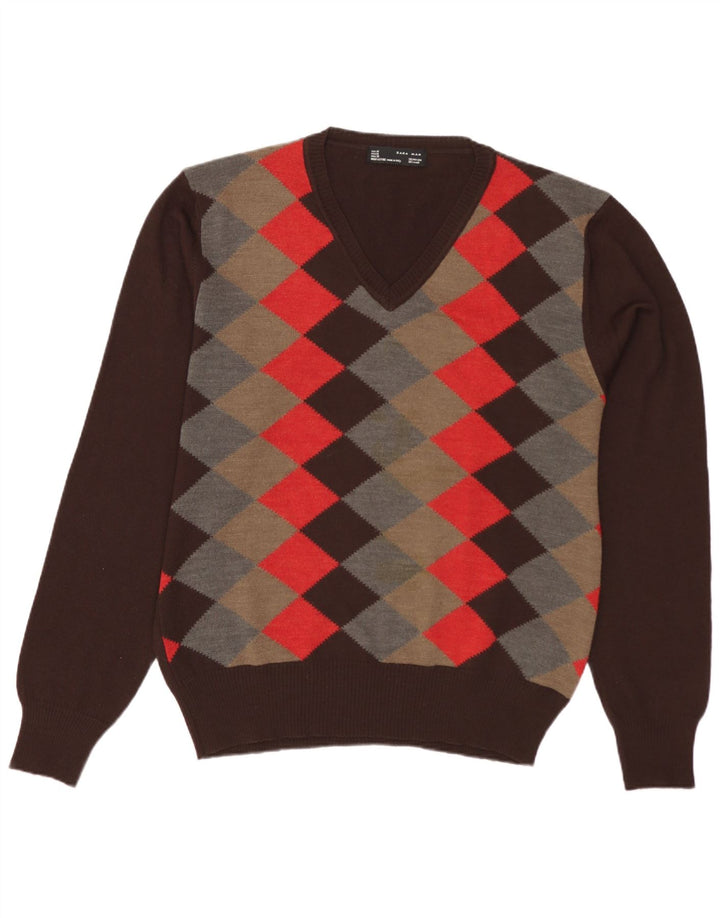 Maglione Zara da uomo con scollo a V marrone medio a rombi/diamante