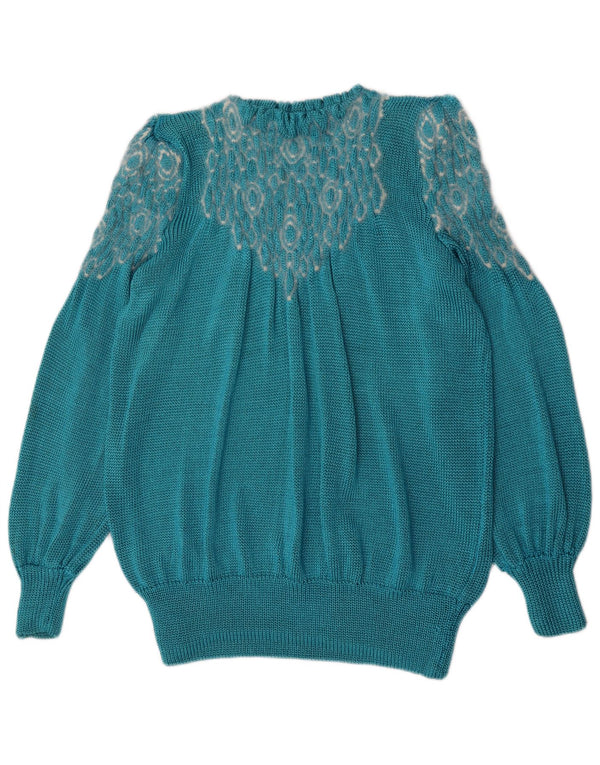 Maglione girocollo da donna vintage con motivo astratto girocollo UK 14 grande blu