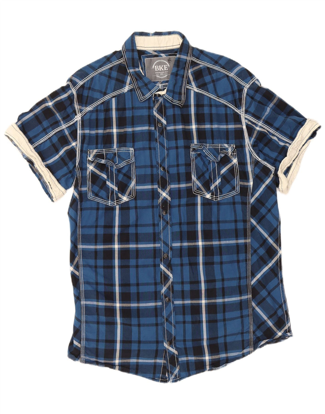 Camicia da uomo BKE a maniche corte vestibilità standard 2XL cotone a quadri blu
