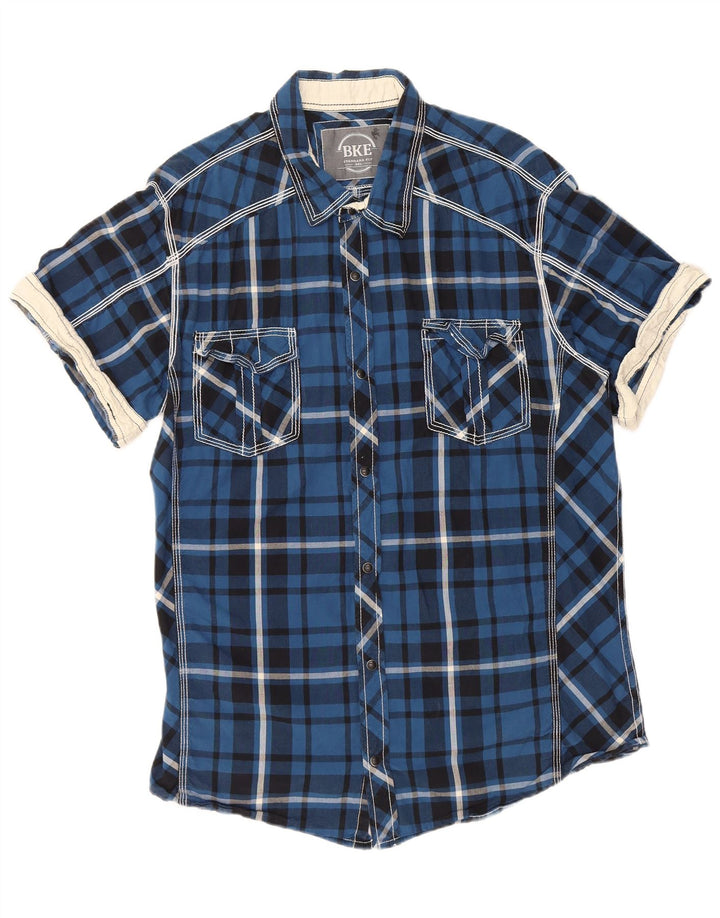 Camicia da uomo BKE a maniche corte vestibilità standard 2XL cotone a quadri blu
