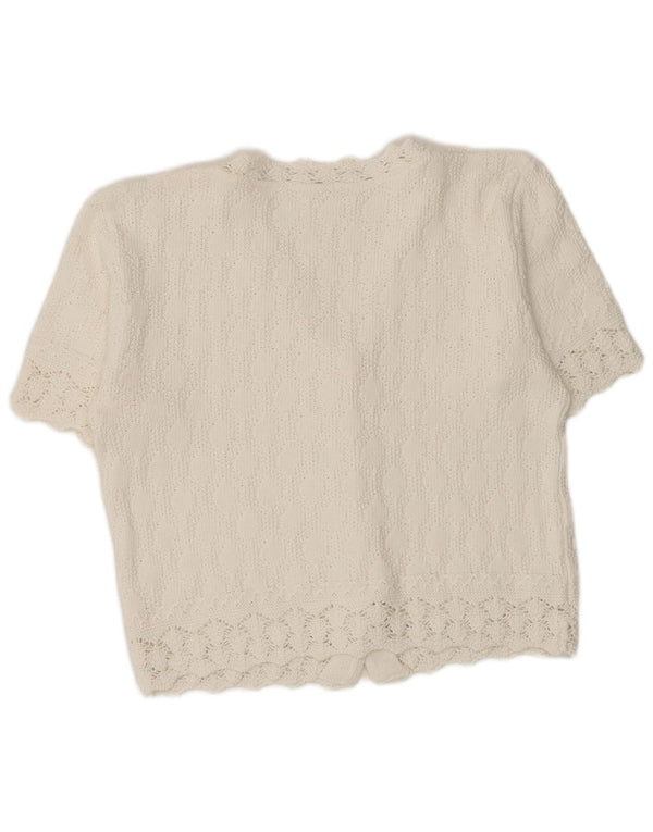 Maglione cardigan a maniche corte corto da donna vintage UK 12 cotone bianco medio
