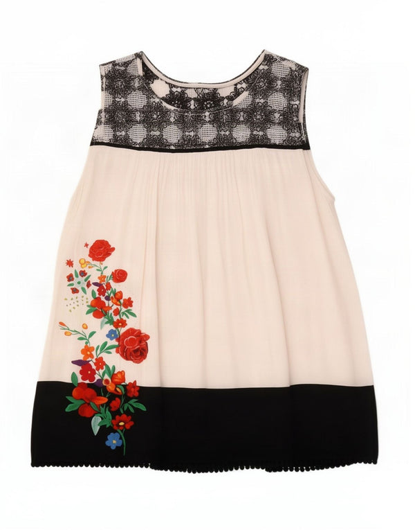Desigual Camicetta senza maniche da donna Top UK 14 Grande poliestere floreale bianco