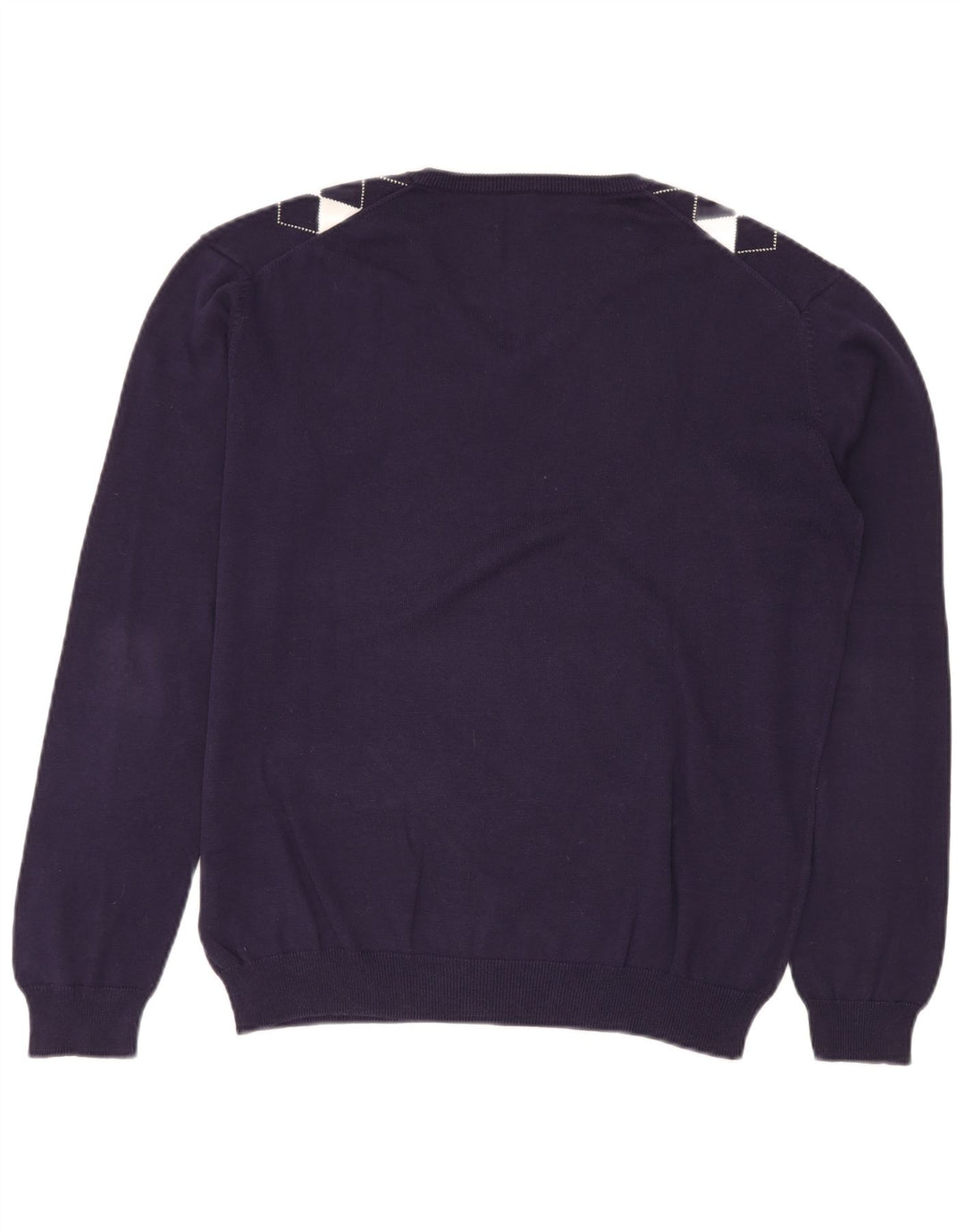 VINTAGE Maglione da uomo con scollo a V medio blu navy a rombi/cotone diamante