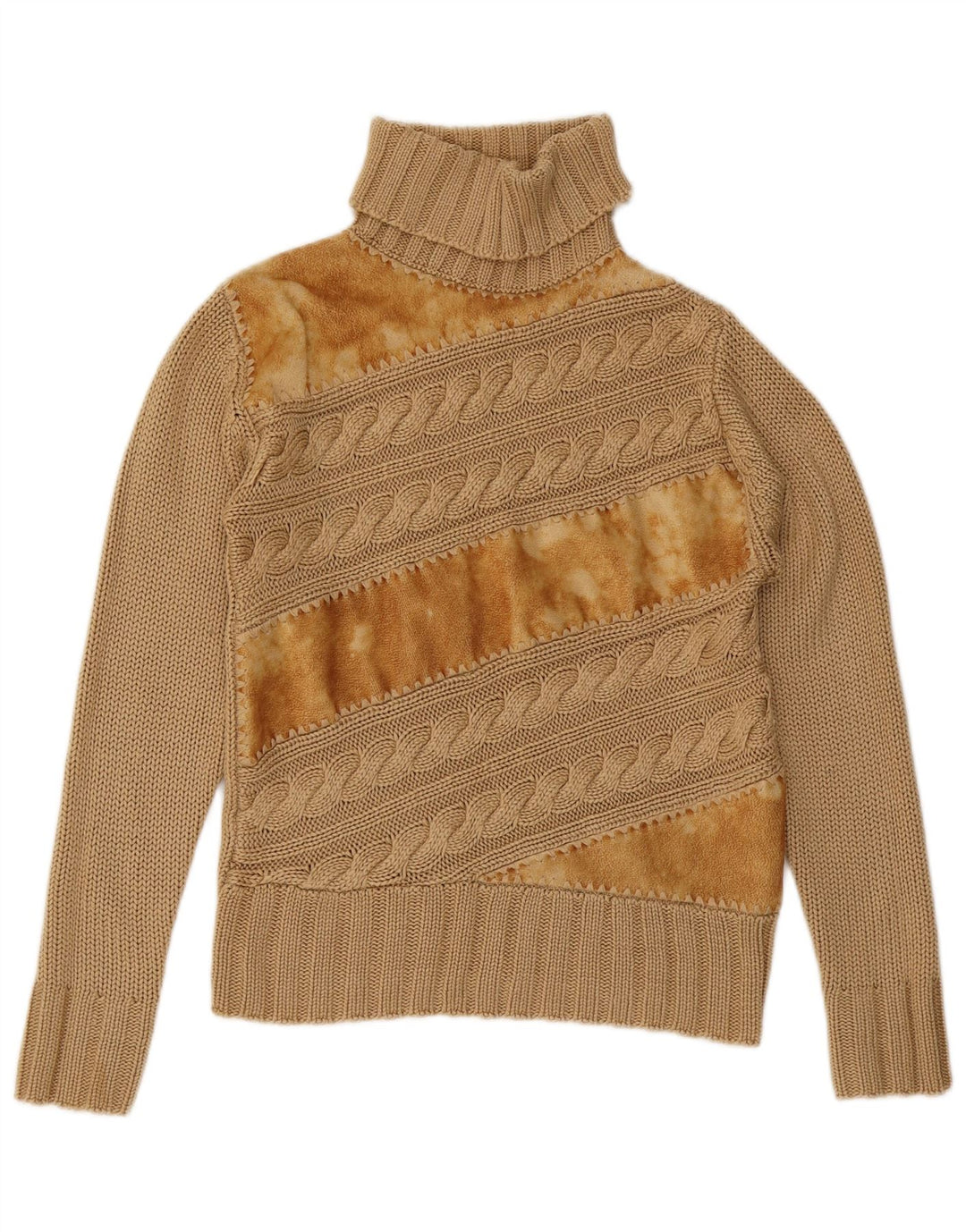 Maglione maglione vintage da donna con collo alto UK 12 Blocco colore marrone medio