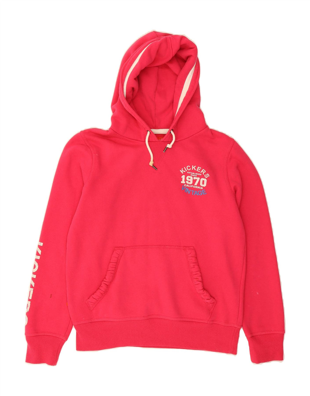 KICKERS Womens Graphic Hoodie Jumper UK 14 Large Pink Vintage Kickers and Second-Hand Kickers from Messina Hembry 