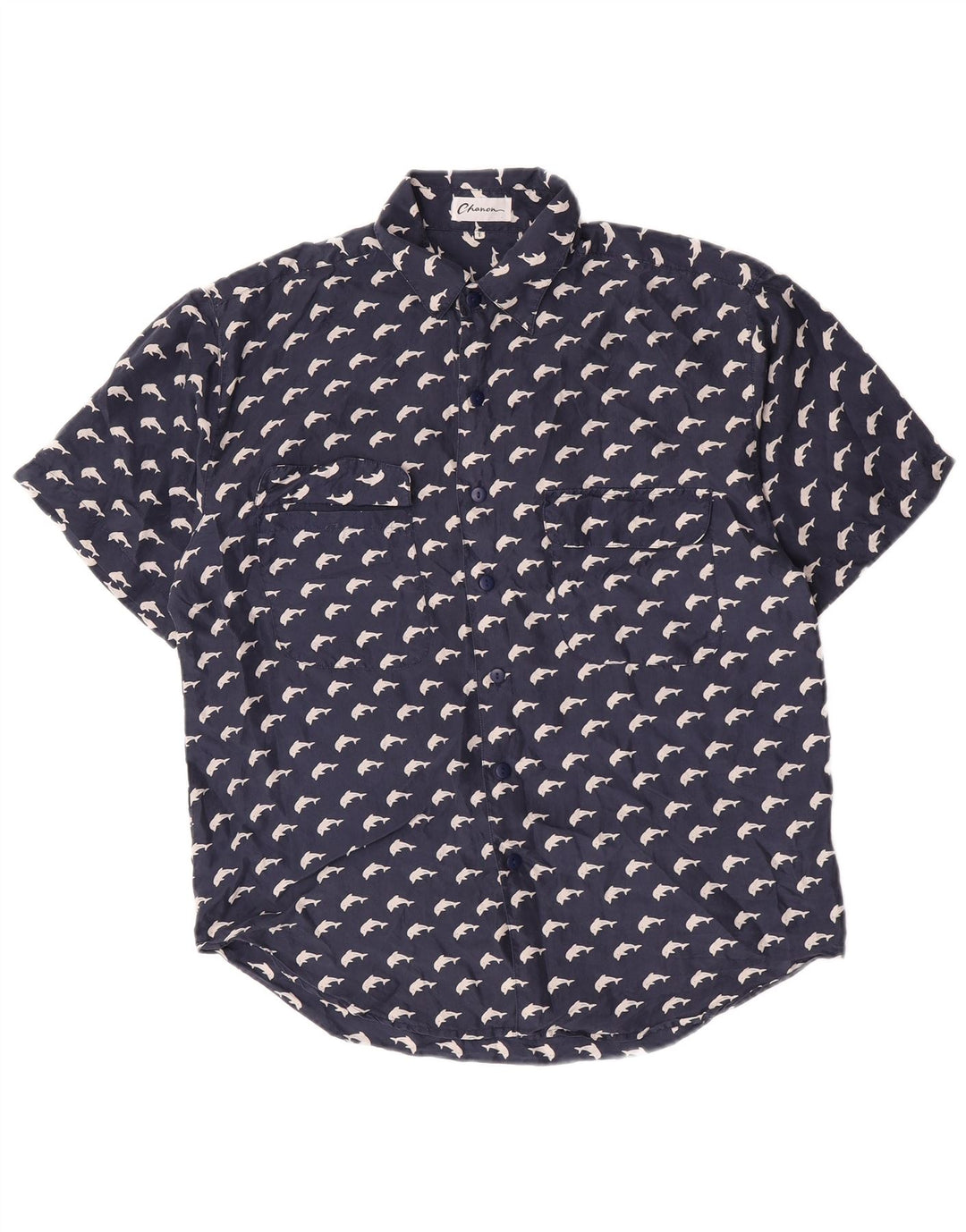 Camicia a maniche corte grafica da donna Chanon grande in seta blu navy