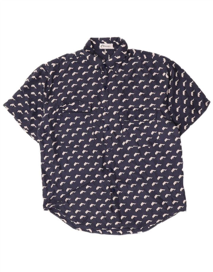 Camicia a maniche corte grafica da donna Chanon grande in seta blu navy