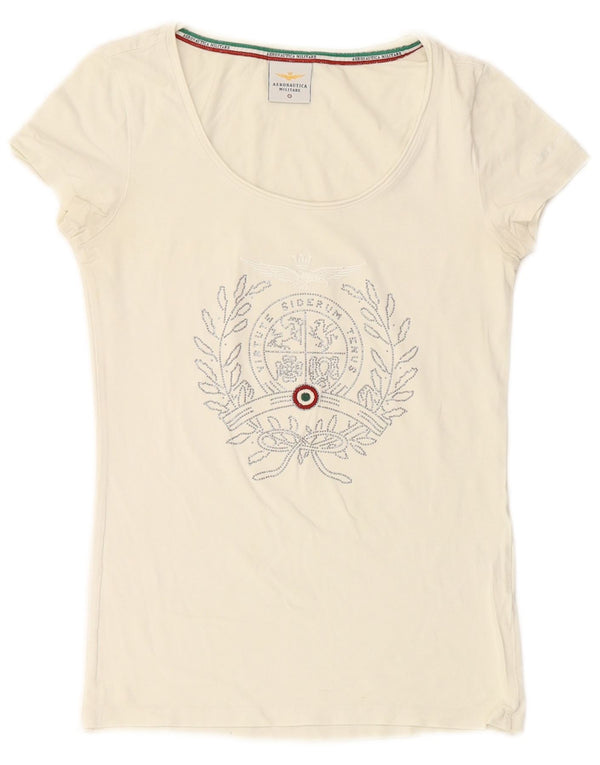 AERONAUTICA MILITARE T-shirt grafica da donna Top UK 10 piccola cotone bianco