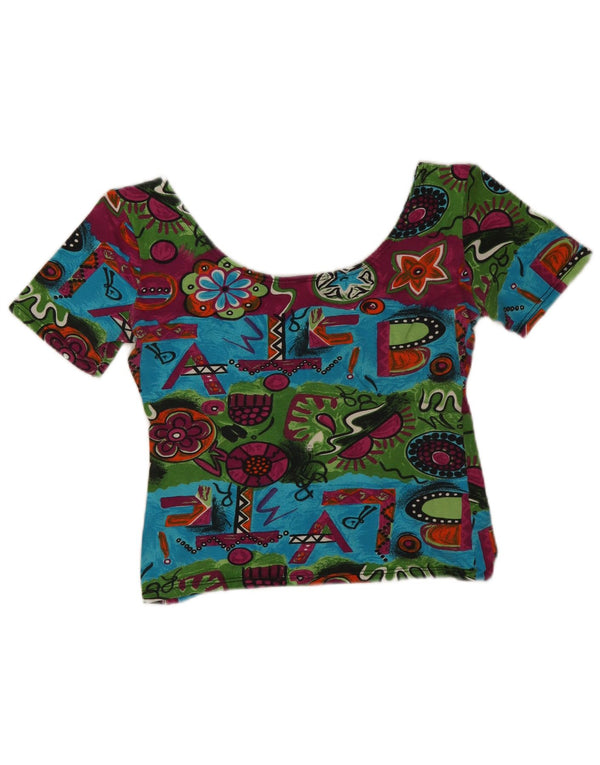 T-shirt grafica corta da donna vintage Top UK 6 XS multicolore geometrica