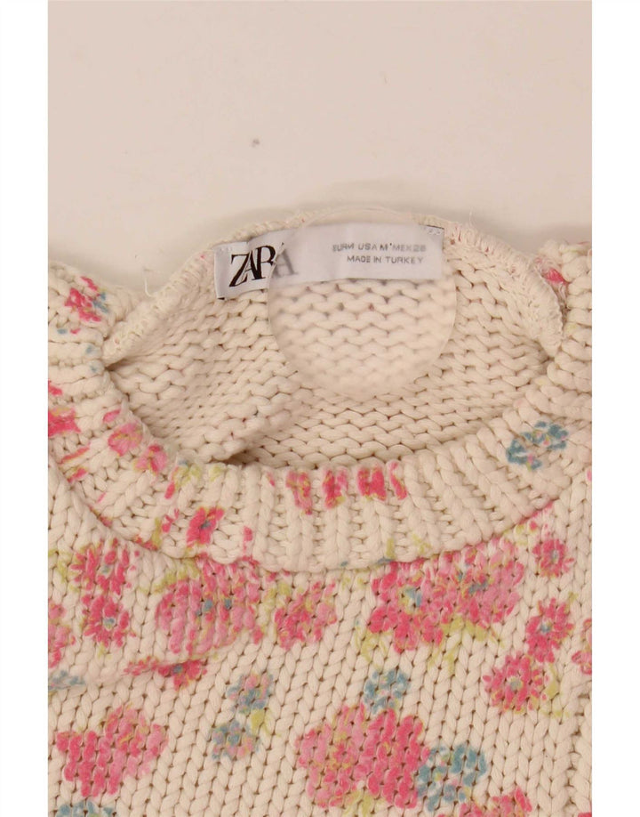 Canotta corta da donna Zara UK 12 Poliestere floreale bianco medio