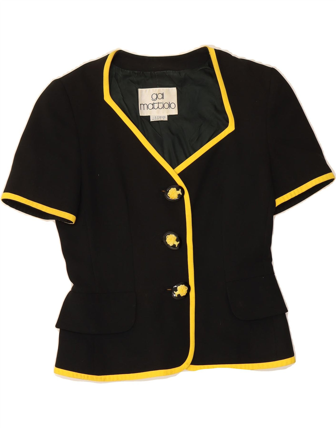 GAI MATTIOLO Womens Short Sleeve 3 Button Blazer Jacket UK 14 Medium Black Vintage Gai Mattiolo and Second-Hand Gai Mattiolo from Messina Hembry 