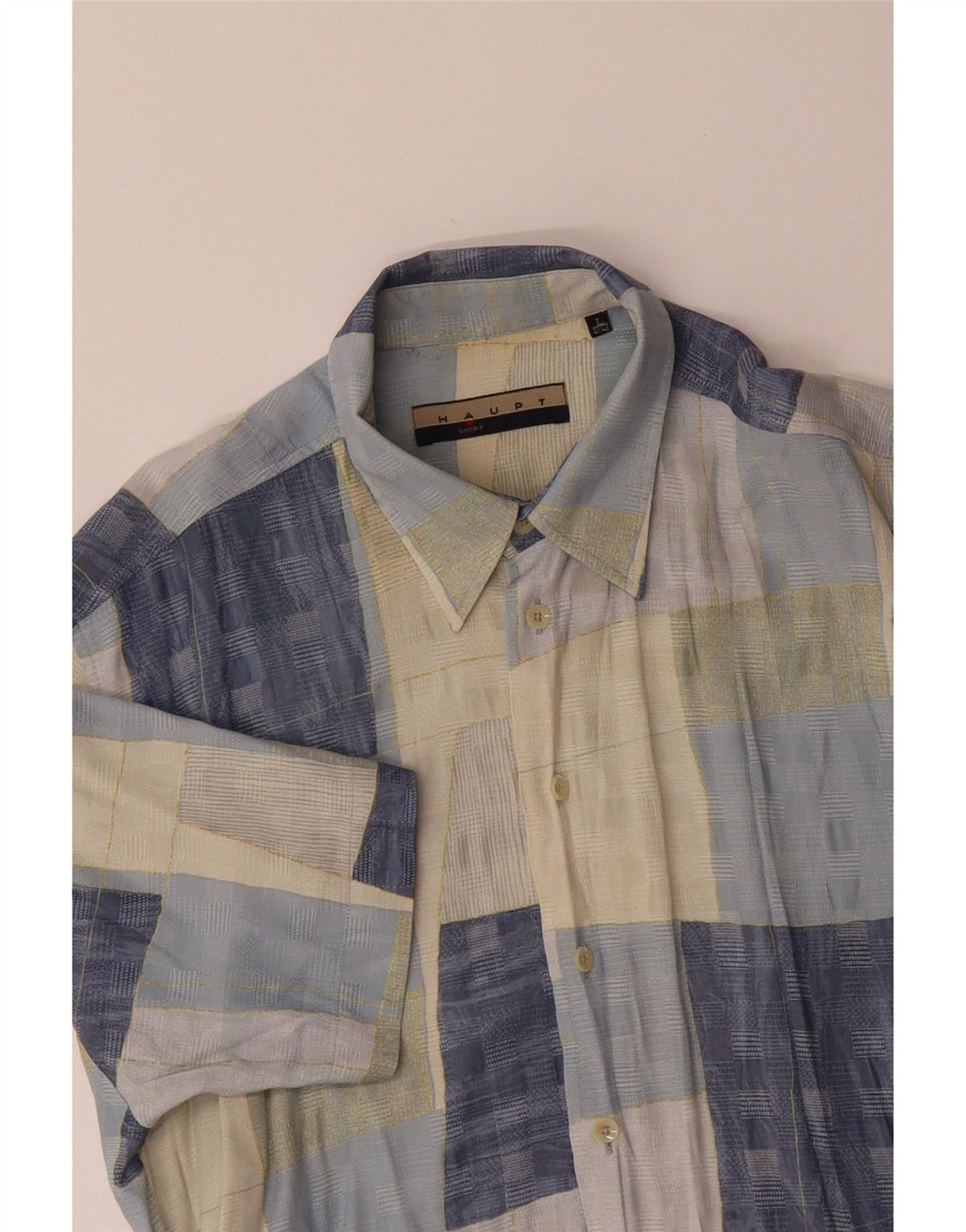 HAUPT Mens Short Sleeve Shirt Size 41/42 Large Blue Patchwork Viscose Vintage Haupt and Second-Hand Haupt from Messina Hembry 