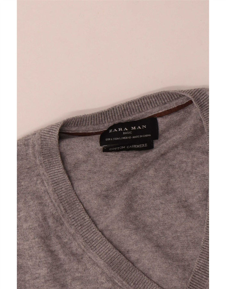 Maglione Zara da uomo con scollo a V, grande cotone chiazzato grigio