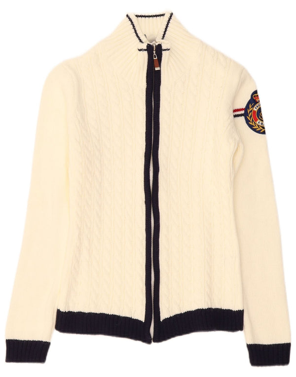 Maglione cardigan da donna vintage UK 6 XS acrilico color block bianco