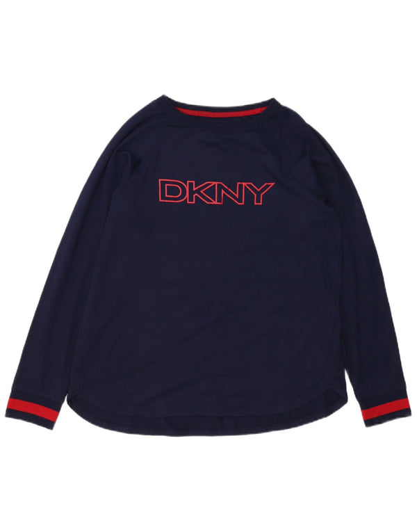 Top grafico da donna DKNY manica lunga UK 14 poliestere blu navy medio