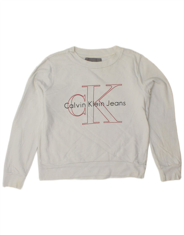 CALVIN KLEIN JEANS Felpa con grafica corta da donna UK 6 XS Bianco