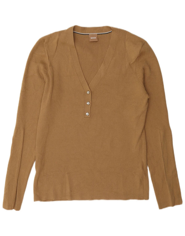 Maglione maglione da donna con scollo a V Hugo Boss UK 18 XL Beige poliacrilico