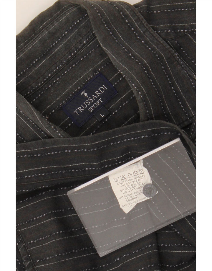 TRUSSARDI Mens Formal Shirt Large Black Pinstripe Cotton Vintage Trussardi and Second-Hand Trussardi from Messina Hembry 