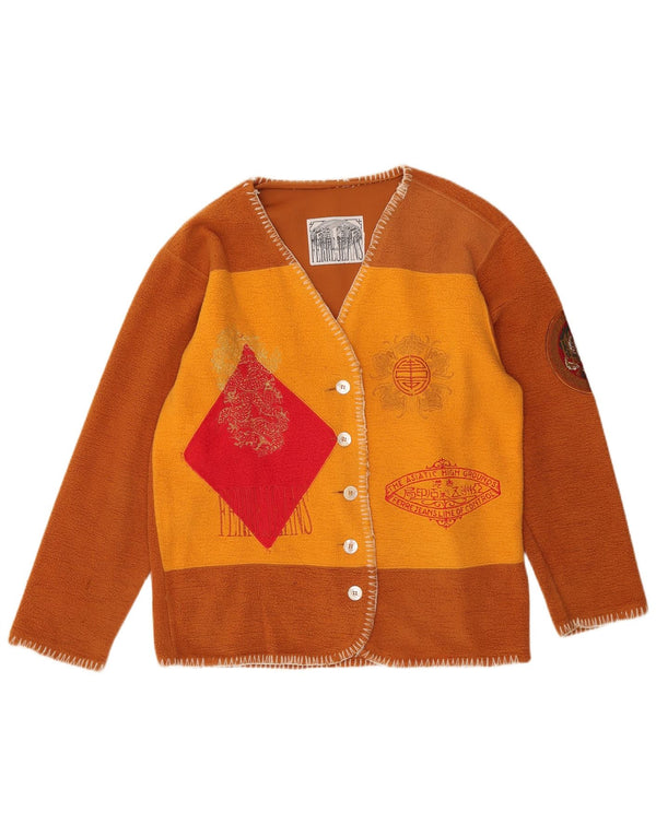 Maglione cardigan grafico da donna Ferre UK 16 grande cotone color block marrone