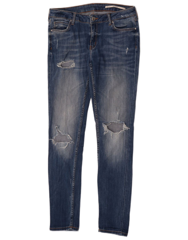 Jeans slim da donna Zara a vita media effetto invecchiato EU 40 medio W30 L30 cotone blu