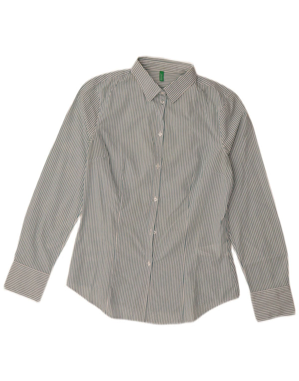 Camicia Benetton Donna UK 10 Piccolo Cotone Gessato Blu