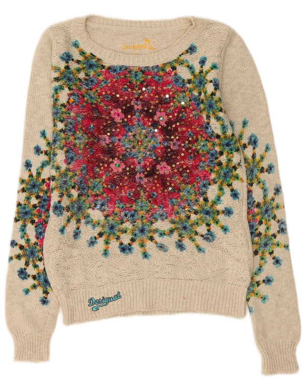 Desigual Donna Maglione con scollo a barca Maglione UK 10 Piccolo Off White Floral