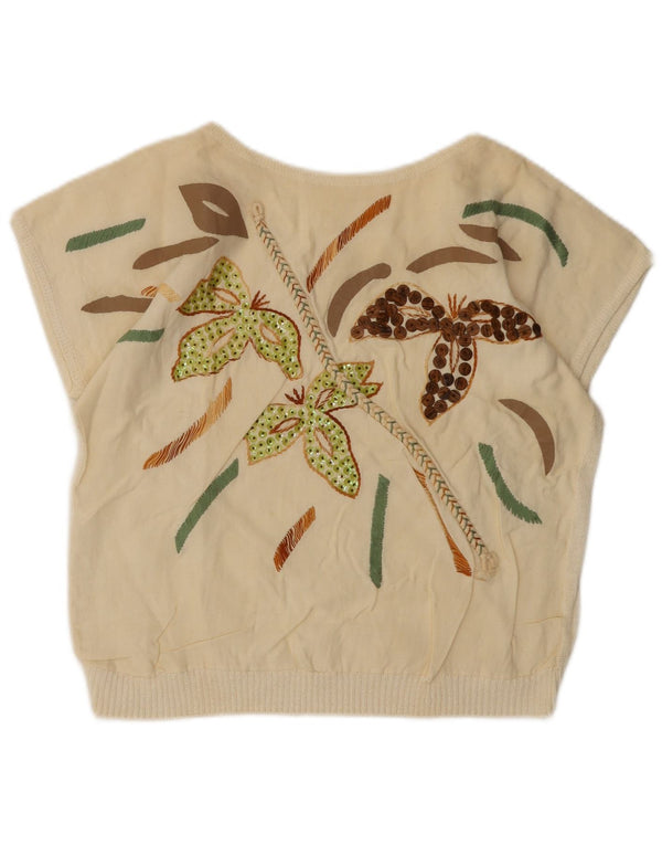 Top corto da donna vintage in camicetta UK 14 medio bianco sporco floreale