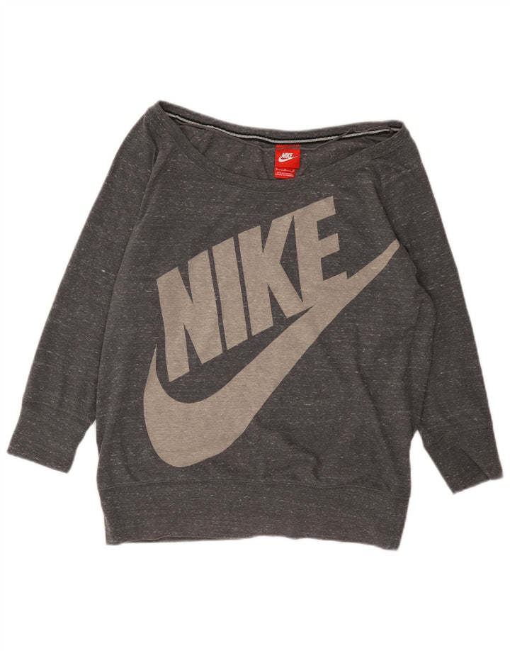 Felpa con grafica Nike da donna, maglione UK 14, cotone chiazzato grigio medio